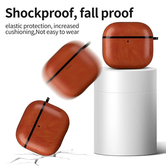 For AirPods 4 Earphone Case PC + PU Leather Protective Cover with Anti-Loss Hook - Light Brown - 4
