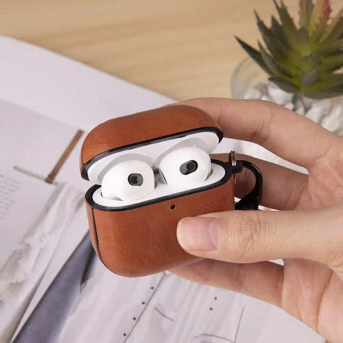 For AirPods 4 Earphone Case PC + PU Leather Protective Cover with Anti-Loss Hook - Light Brown - 5