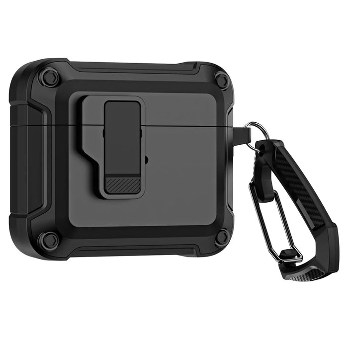 For AirPods 4 Earphone Case Automatic Eject TPU+PC Protective Cover with Carabiner - Black - 1