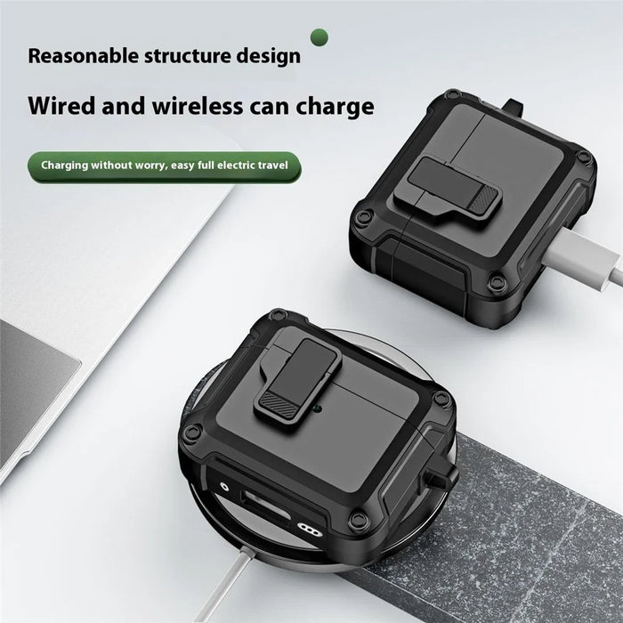 For AirPods 4 Earphone Case Automatic Eject TPU+PC Protective Cover with Carabiner - Black - 4
