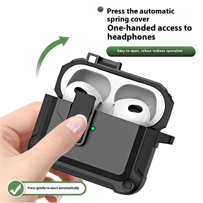 For AirPods 4 Earphone Case Automatic Eject TPU+PC Protective Cover with Carabiner - Black - 5