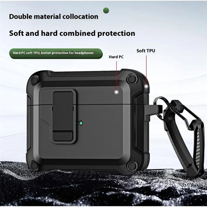 For AirPods 4 Earphone Case Automatic Eject TPU+PC Protective Cover with Carabiner - Black - 7