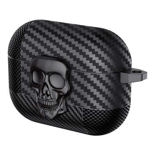 For AirPods Pro Protective Case Skull Design Snap Switch TPU + Metal Earphone Cover with Carabiner - Black - 1