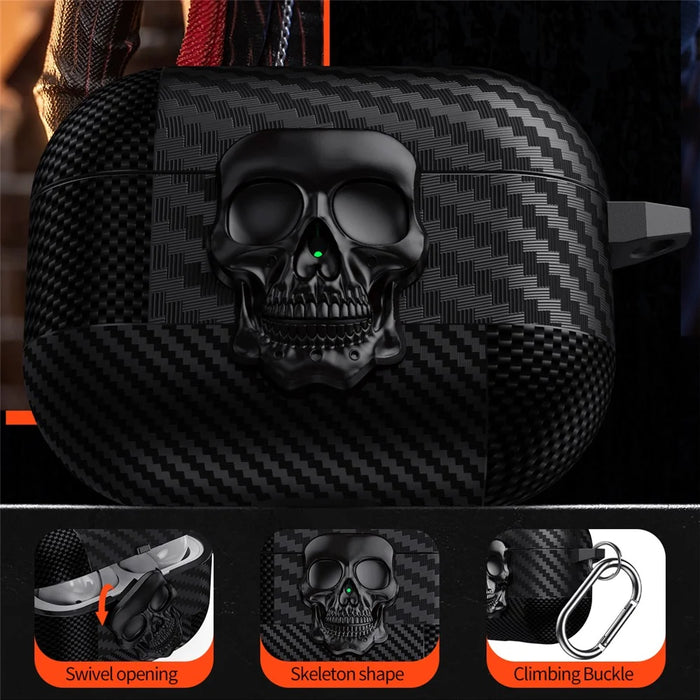 For AirPods Pro Protective Case Skull Design Snap Switch TPU + Metal Earphone Cover with Carabiner - Black - 6