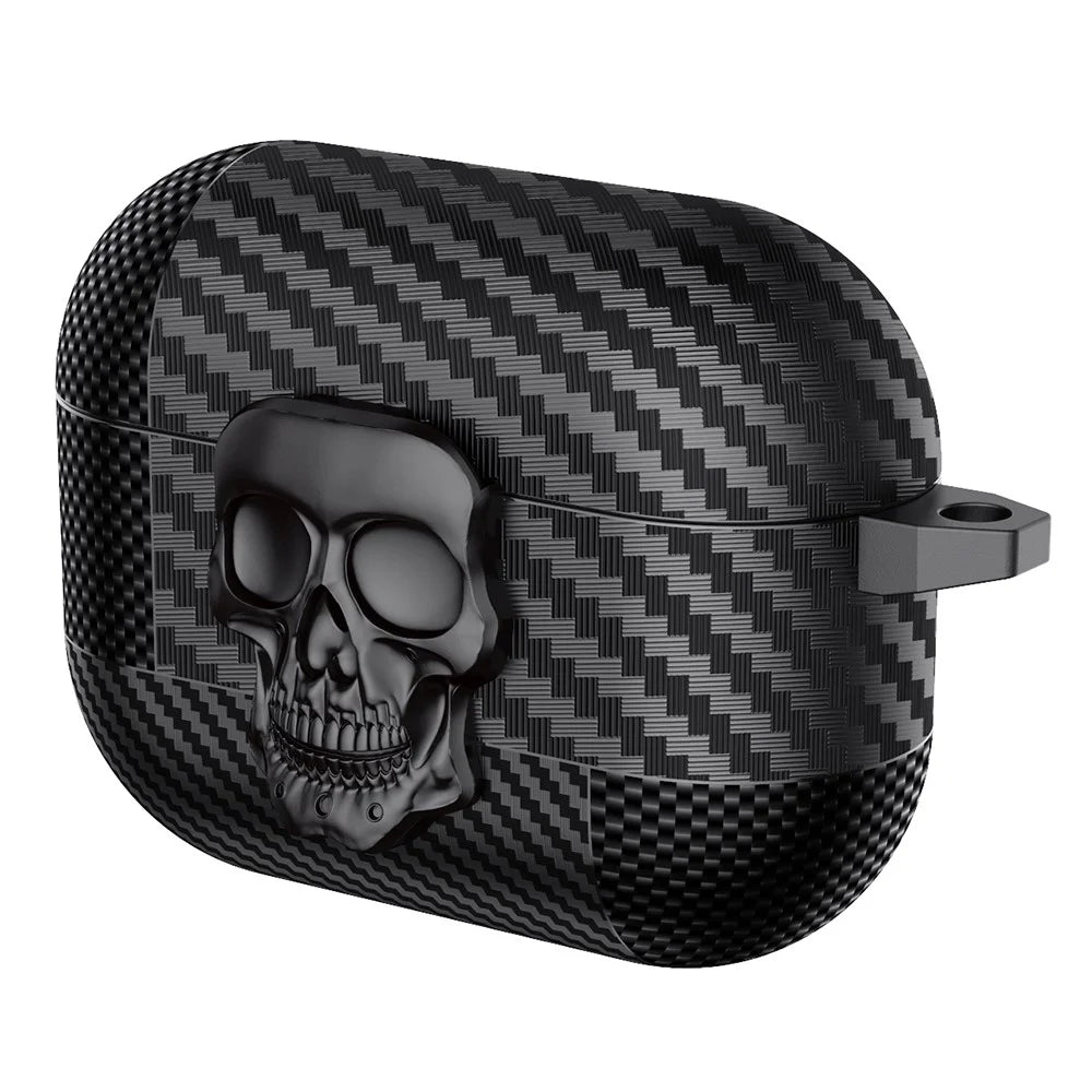 For AirPods Pro 2 Protective Case Skull Design Snap Switch TPU + Metal Earphone Cover with Carabiner - Black - 1