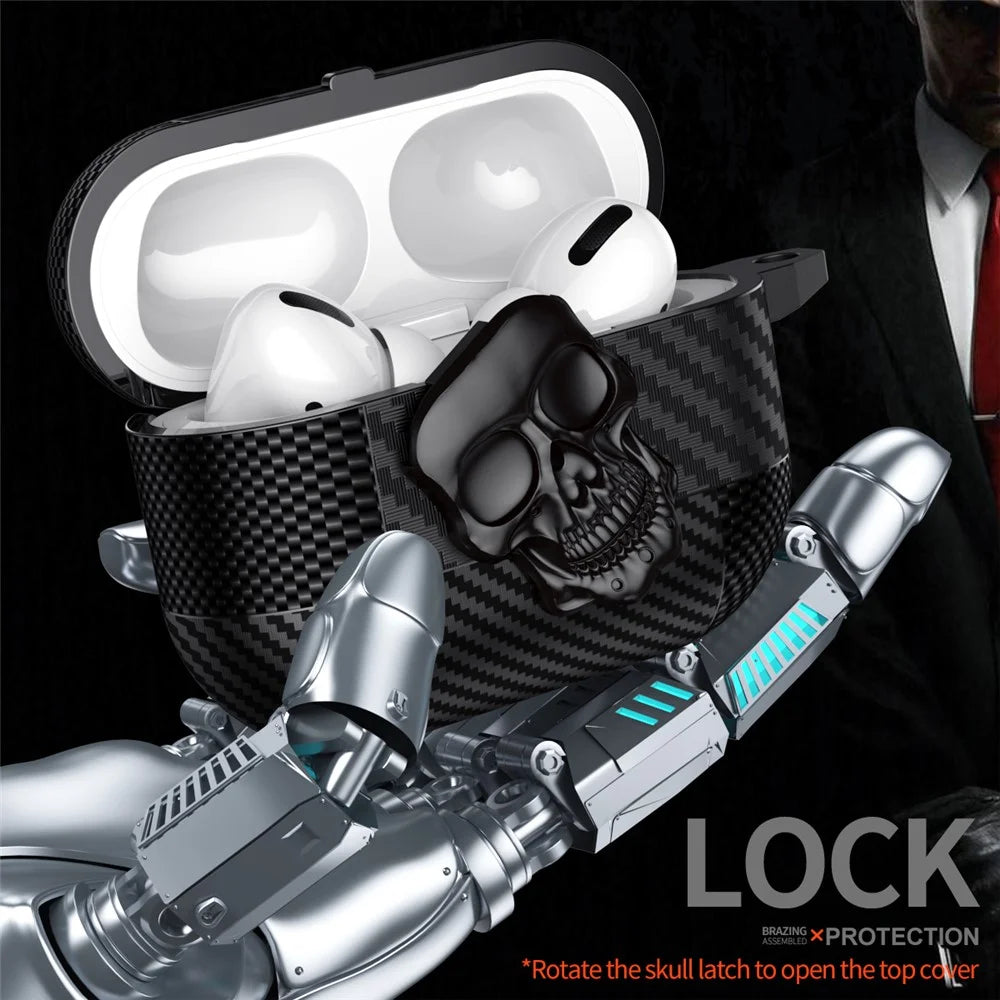 For AirPods Pro 2 Protective Case Skull Design Snap Switch TPU + Metal Earphone Cover with Carabiner - Black - 2