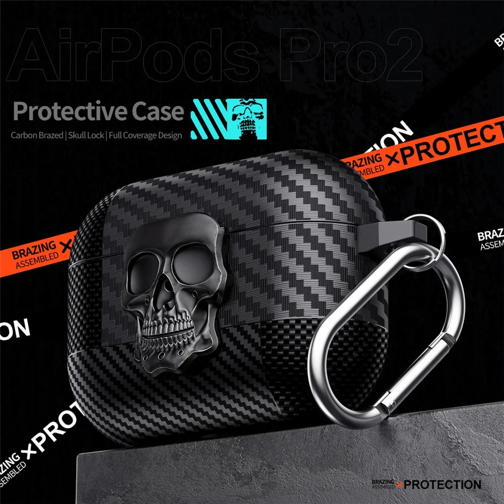 For AirPods 4 Protective Case Skull Design Snap Switch TPU + Metal Earphone Cover with Carabiner - Grey - 2