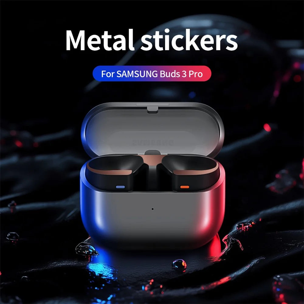 For Samsung Galaxy Buds3 Pro Charging Case Metal Sticker Decorative Protective Skin - Black - 3