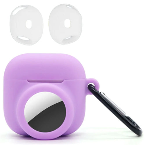Silicone Case Combo Set for Apple AirPods 4 / AirTag Cover with 2Pcs Earphone Cap and Carabiner - Purple - 1