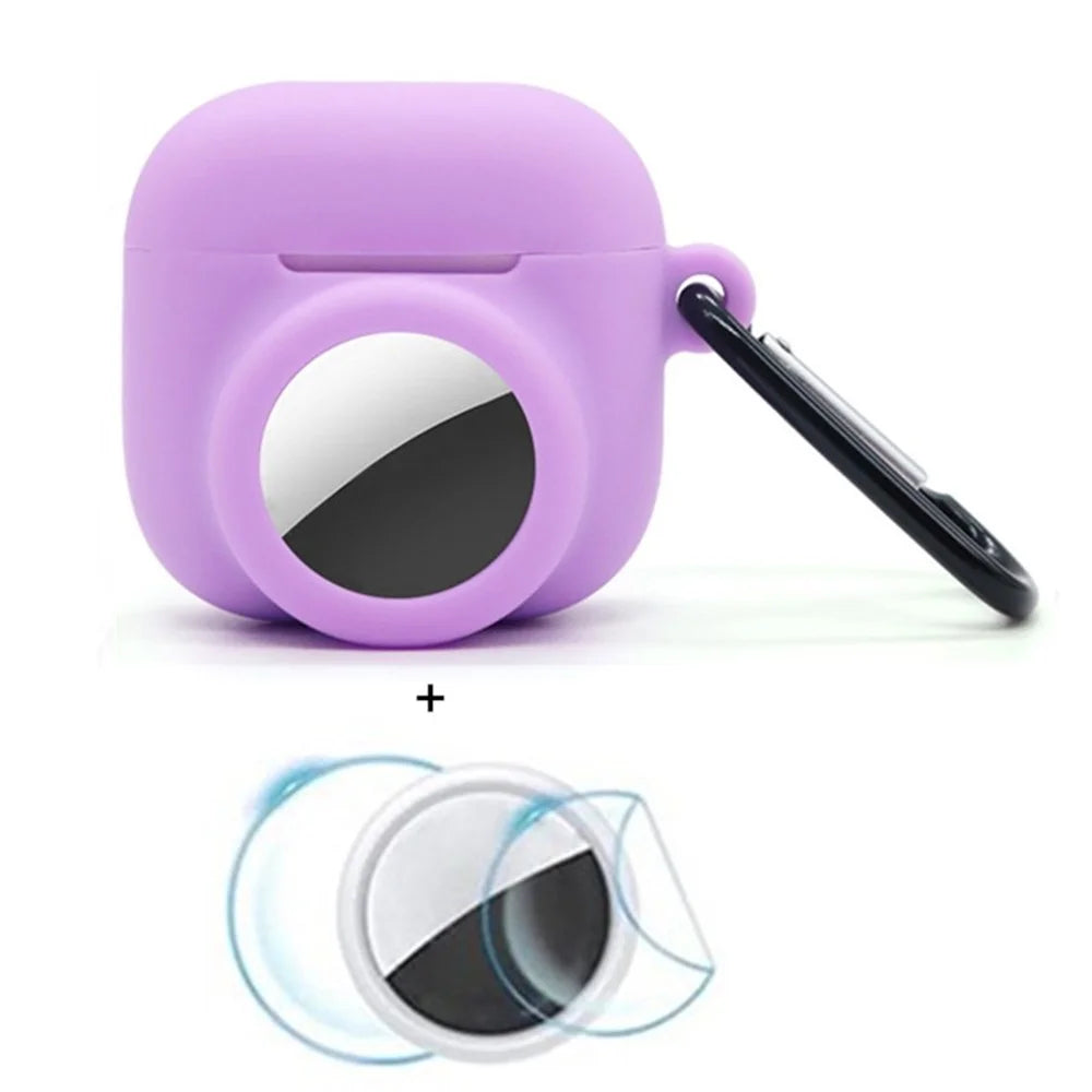 For Apple AirPods 4 / AirTag Silicone Case Earphone Tracker Cover with Carabiner, with Front Back Film Set - Purple - 1