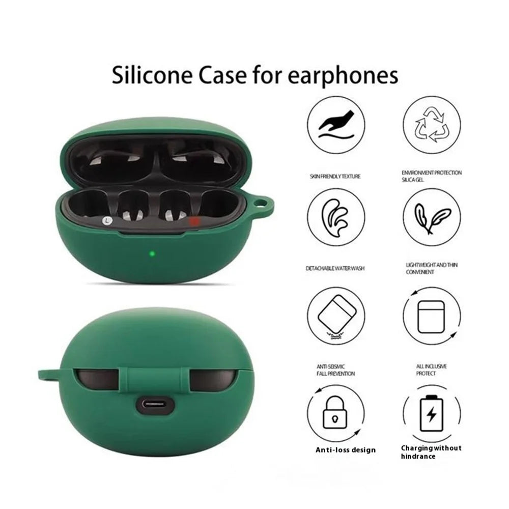 For QCY Crossky C30S / C30 Bluetooth-compatible Earphones Case Soft Silicone Cover with Anti-Lost Buckle - Blackish Green - 3