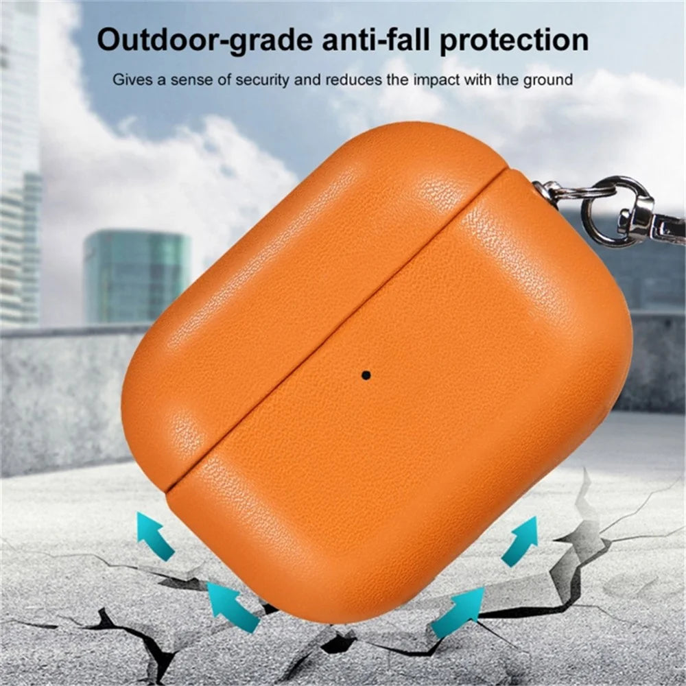 For AirPods 4 Earphone Case Glossy PC + PU Leather Protective Cover with Hanging Buckle - Golden Brown - 3