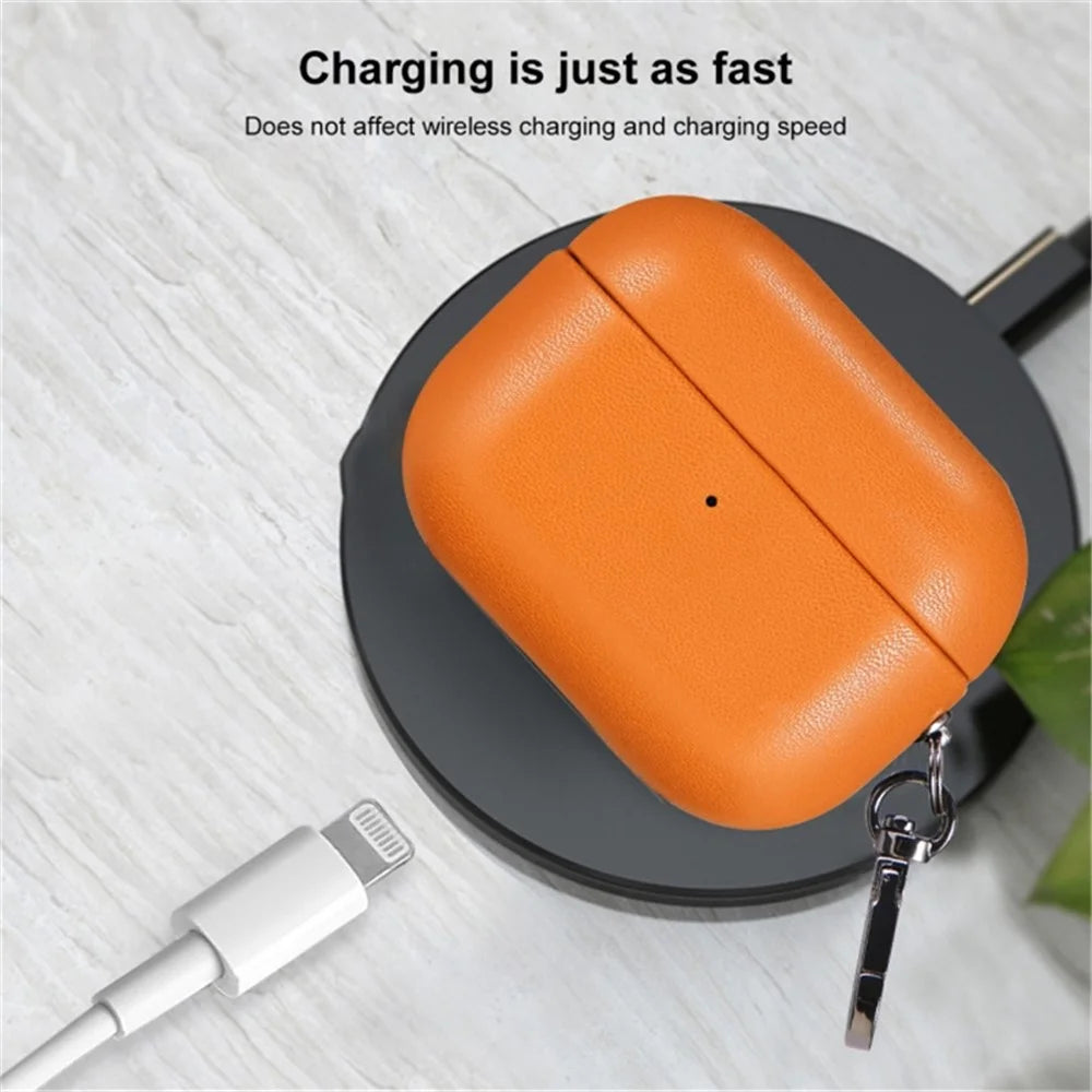 For AirPods 4 Earphone Case Glossy PC + PU Leather Protective Cover with Hanging Buckle - Golden Brown - 4