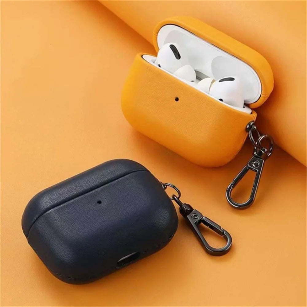 For AirPods 4 Earphone Case Glossy PC + PU Leather Protective Cover with Hanging Buckle - Golden Brown - 5