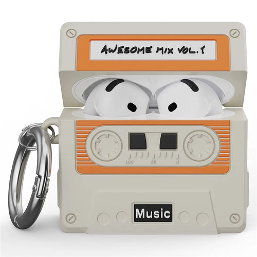 For AirPods 4 Bluetooth-compatible Earphones Case Cassette Tape Design Silicone Cover with Carabiner - White - 1