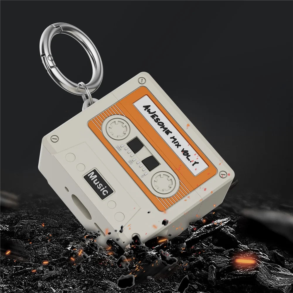 For AirPods 4 Bluetooth-compatible Earphones Case Cassette Tape Design Silicone Cover with Carabiner - White - 4