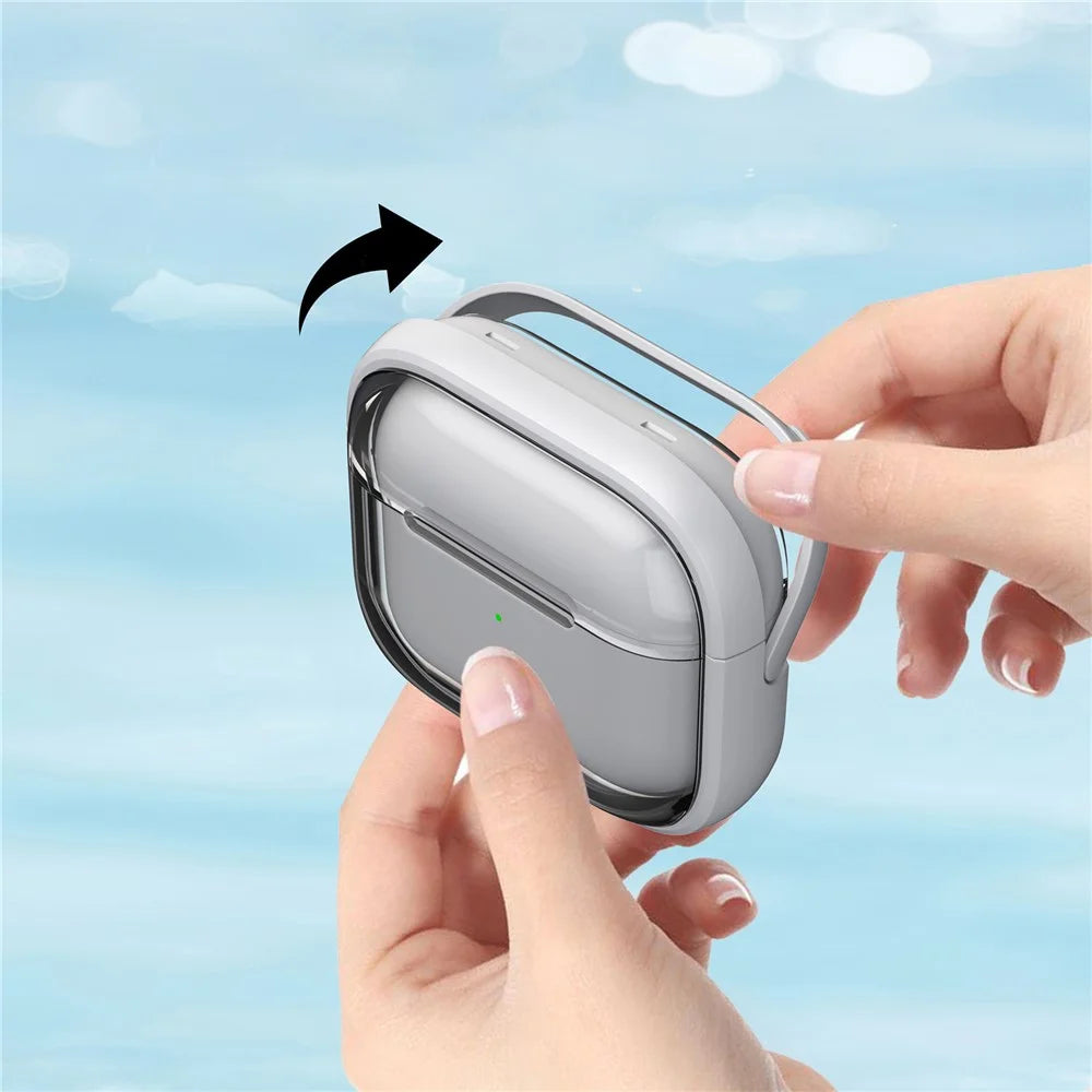 For AirPods 4 Case PC+TPU Bluetooth-compatible Earbud Cover Phone Stand with Carabiner - Transparent White - 3