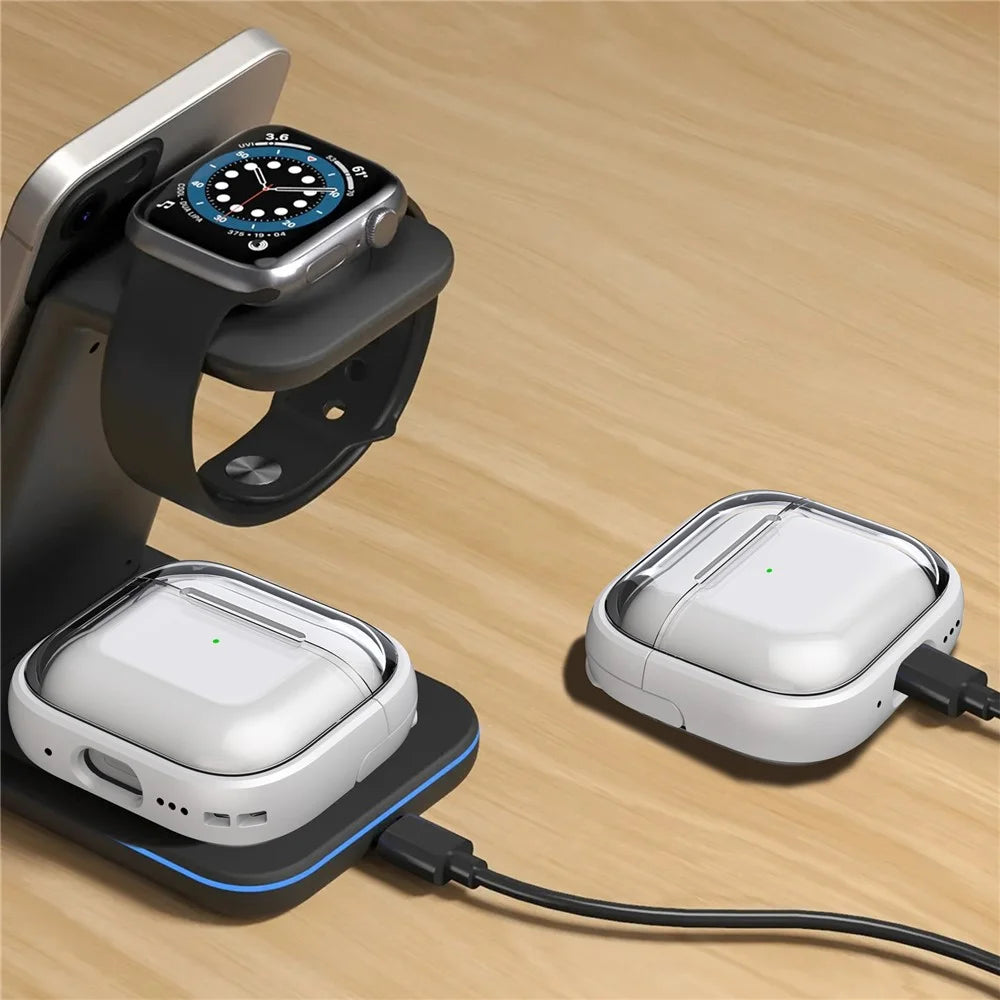For AirPods 4 Case PC+TPU Bluetooth-compatible Earbud Cover Phone Stand with Carabiner - Transparent White - 4