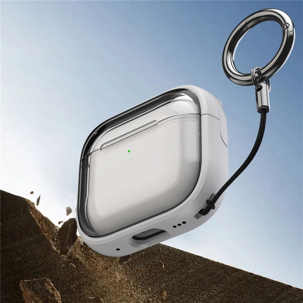 For AirPods 4 Case PC+TPU Bluetooth-compatible Earbud Cover Phone Stand with Carabiner - Transparent White - 5