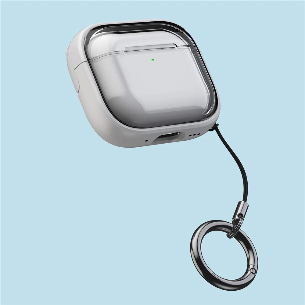 For AirPods 4 Case PC+TPU Bluetooth-compatible Earbud Cover Phone Stand with Carabiner - Transparent White - 6