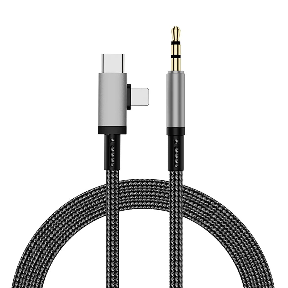 iP + Type-C 2-in-1 Car Audio Cable 1m Plug and Play Nylon Braided Wire with 3.5mm Jack - Tarnish - 1