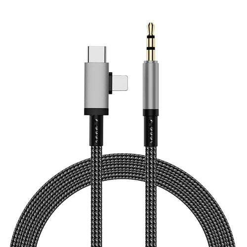 iP + Type-C 2-in-1 Car Audio Cable 1m Plug and Play Nylon Braided Wire with 3.5mm Jack - Tarnish - 1