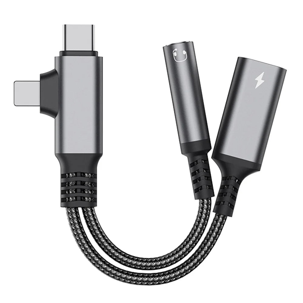 L-Shaped iP  /  USB-C to 3.5mm Female + Type-C Charging Cable Audio Charging Adapter - Tarnish - 1