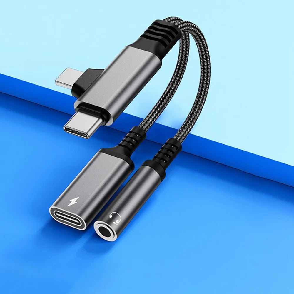 L-Shaped iP  /  USB-C to 3.5mm Female + Type-C Charging Cable Audio Charging Adapter - Tarnish - 2