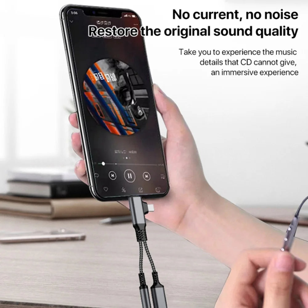 L-Shaped iP  /  USB-C to 3.5mm Female + Type-C Charging Cable Audio Charging Adapter - Tarnish - 5