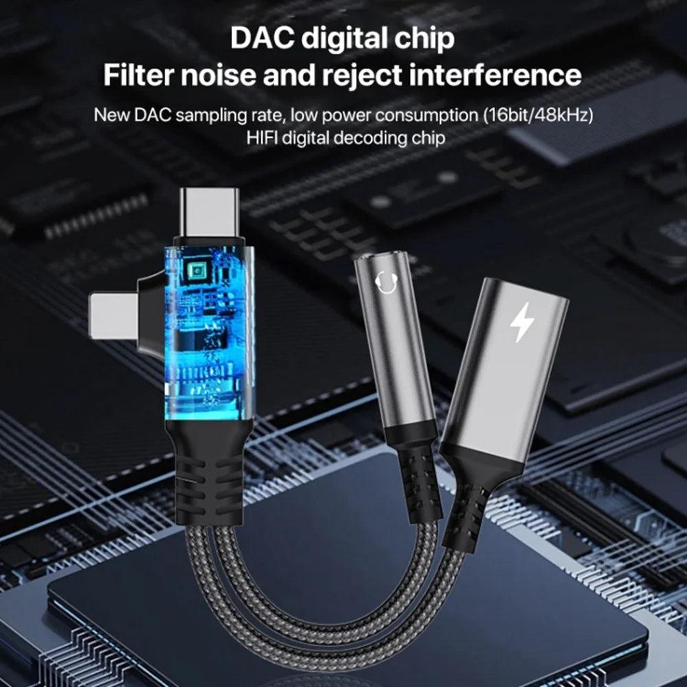 L-Shaped iP  /  USB-C to 3.5mm Female + Type-C Charging Cable Audio Charging Adapter - Tarnish - 7