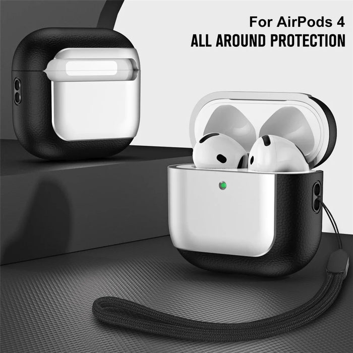 For AirPods 4 TPU Case Electroplating Litchi Texture Fall Prevention Earphone Cover with Lanyard - Silver - 2
