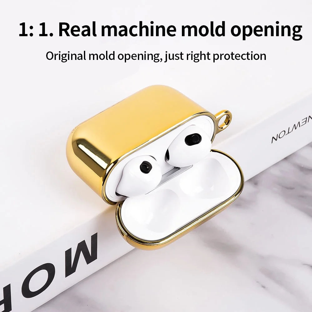 For AirPods 4 PC Hard Case Electroplating Earphone Protective Cover with Carabiner - Gold - 2
