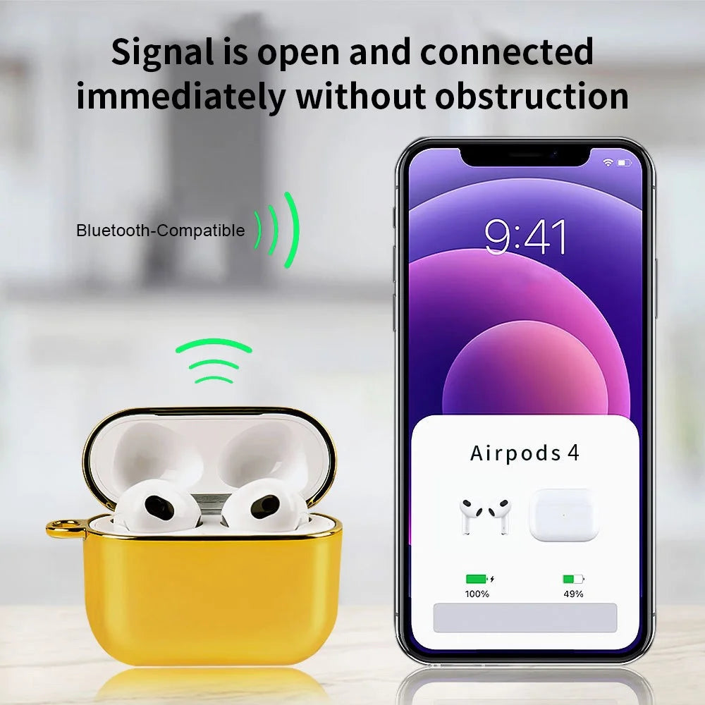 For AirPods 4 PC Hard Case Electroplating Earphone Protective Cover with Carabiner - Gold - 3