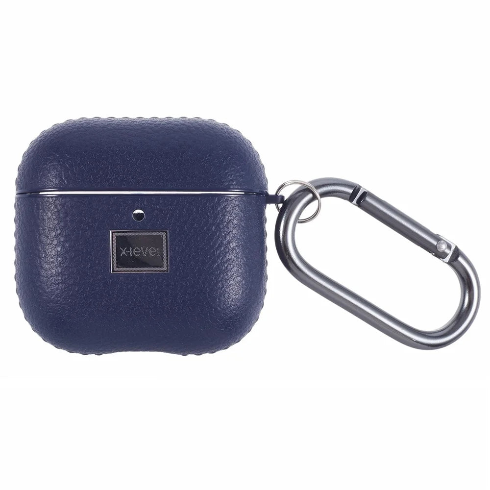 X-LEVEL For AirPods 4 Earphone Case Litchi Texture PU Leather TPU Cover with Carabiner - Blue - 1