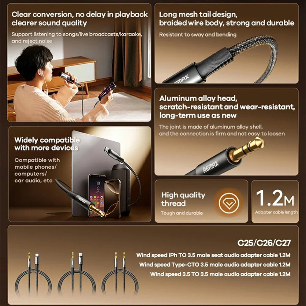 REMAX 1.2m Adapter Cable 3.5mm Male to 3.5mm Male Audio Cable Aluminum Alloy Braided - 2