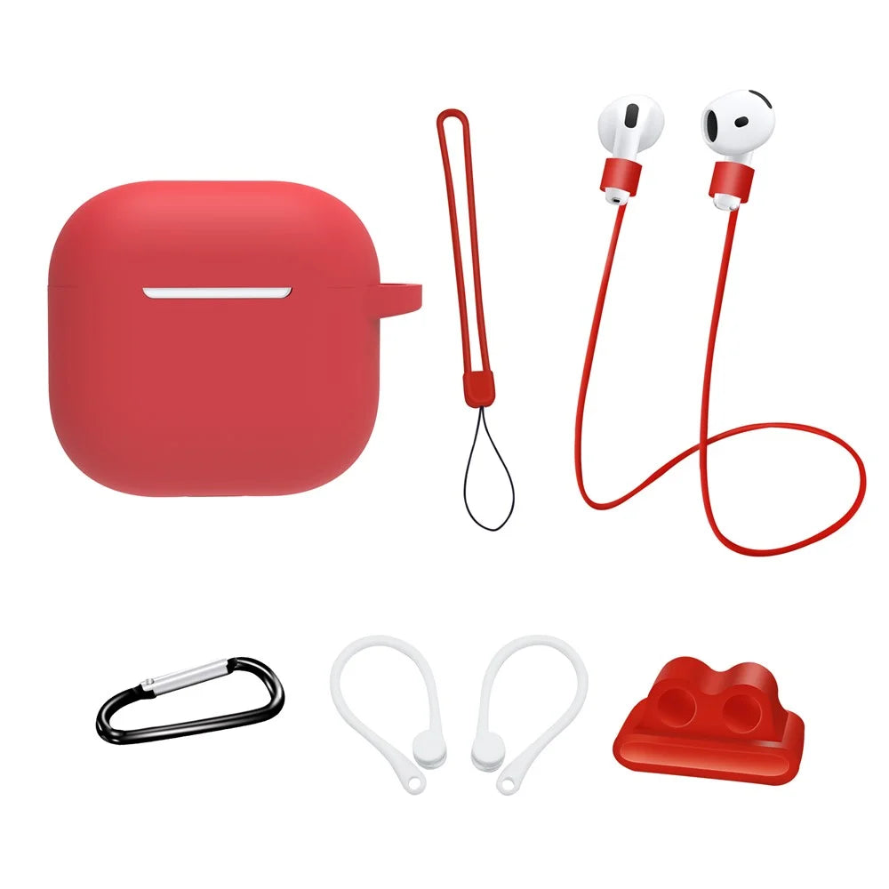 6 in 1 Headset Accessories for AirPods 4 Silicone Case + Carrying Strap + Earphone Holder + Ear Hooks + Neck Strap + Keychain - Red - 1