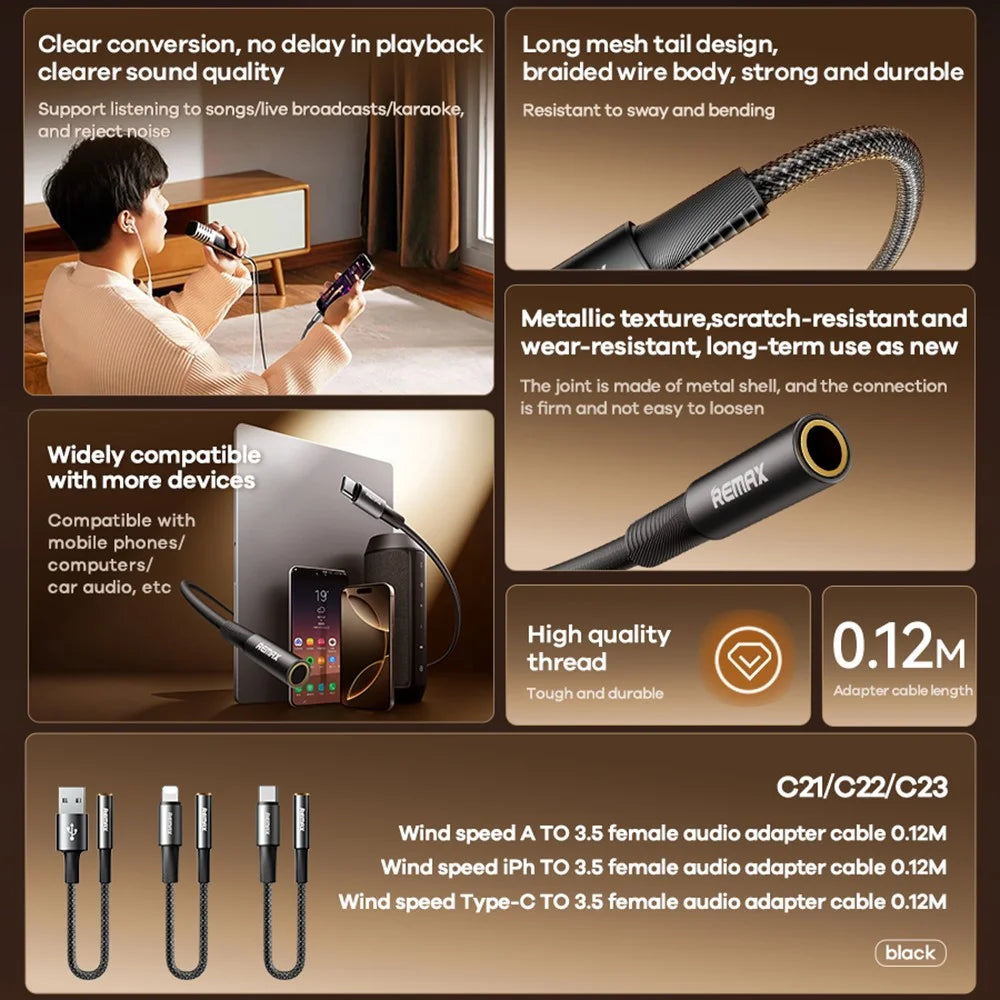 REMAX C21 0.12M USB to 3.5mm Female Audio Adapter Cable  /  Converter Aluminum Alloy Braided Wire - 3