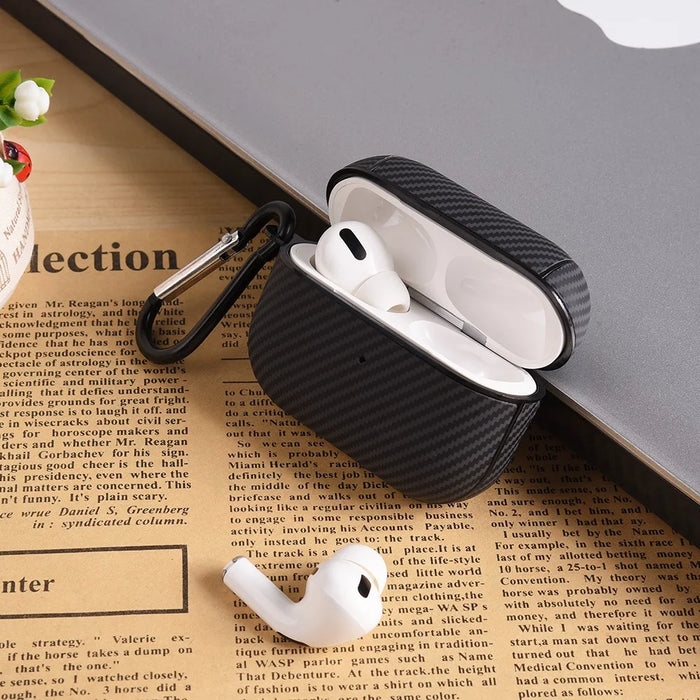 For AirPods 4 Protective Cover Carbon Fiber Texture Earbuds PU Leather PC Hard Case with Hook - Black - 4
