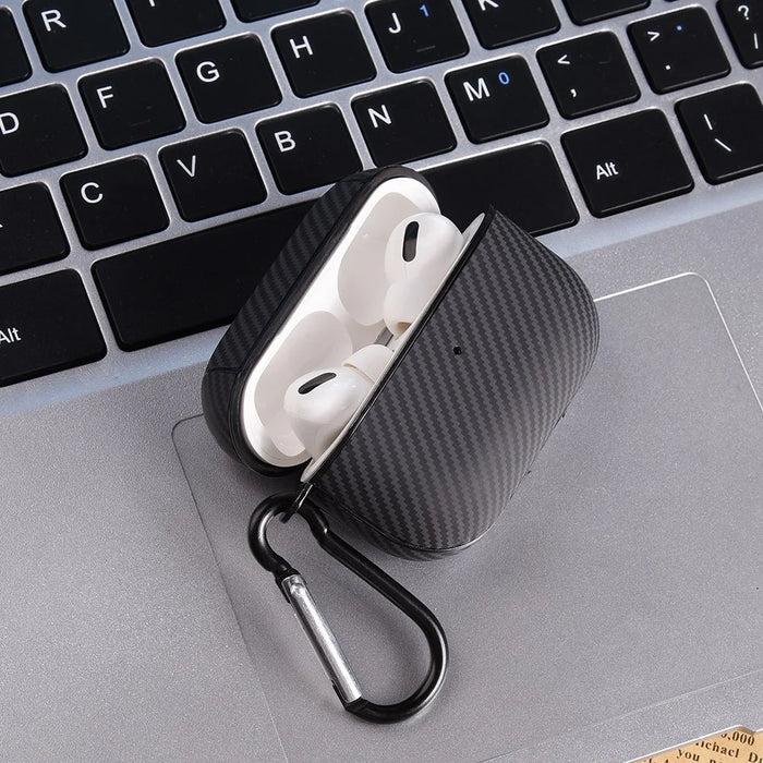 For AirPods 4 Protective Cover Carbon Fiber Texture Earbuds PU Leather PC Hard Case with Hook - Black - 5