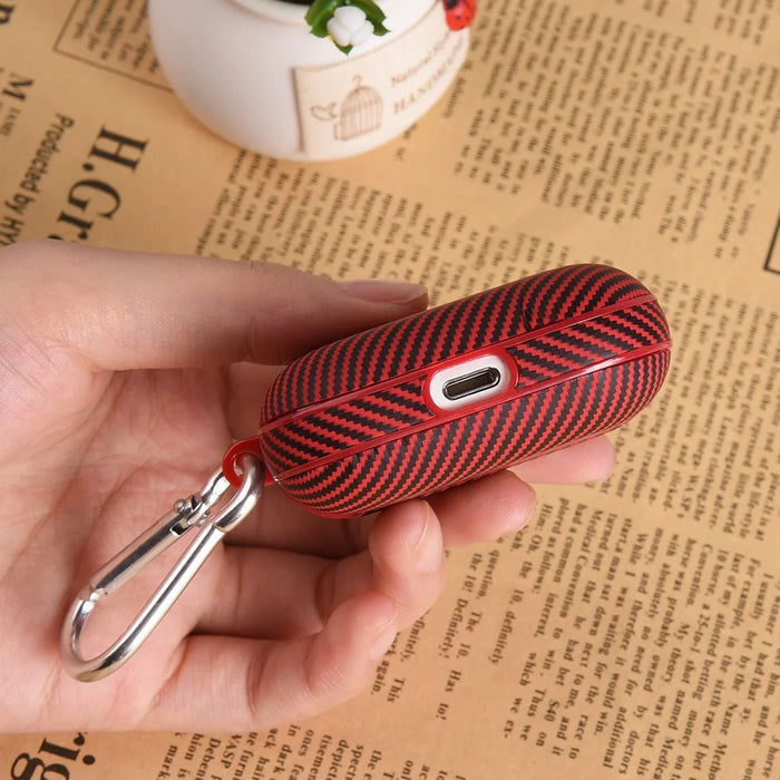 For AirPods 4 Protective Cover Carbon Fiber Texture Earbuds PU Leather PC Hard Case with Hook - Black - 7