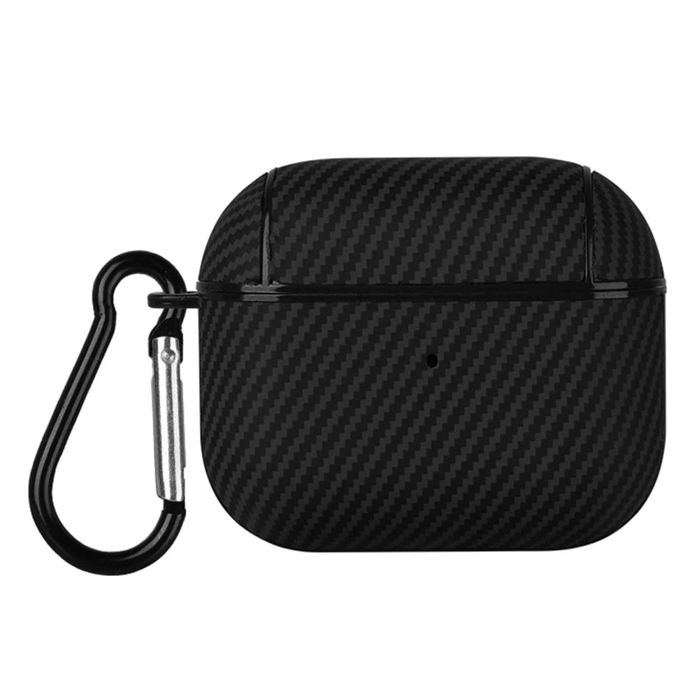 For Apple AirPods 3 Protective Cover Carbon Fiber Texture Earbuds PU Leather PC Hard Case with Hook - Black - 1