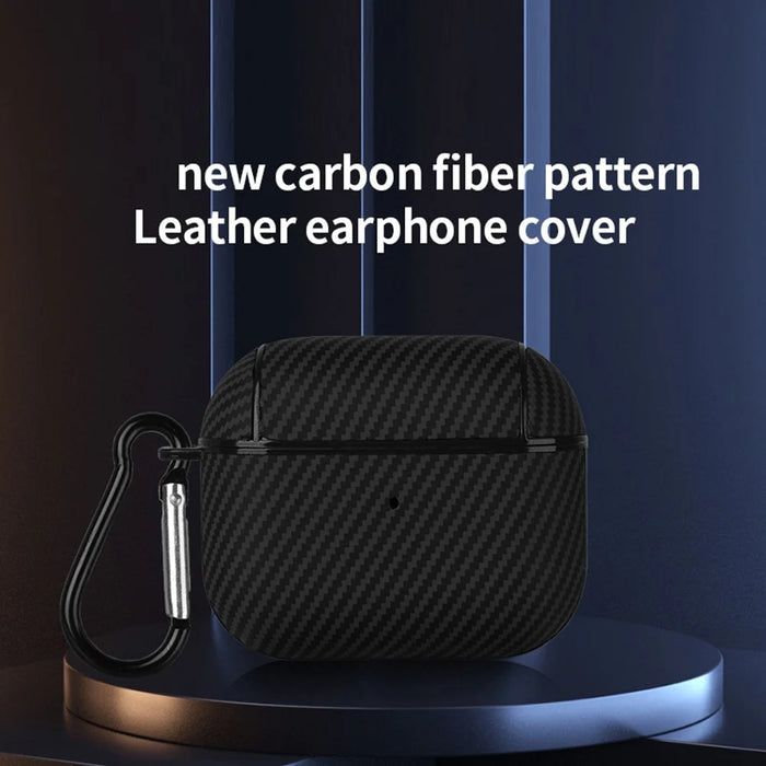 For Apple AirPods 3 Protective Cover Carbon Fiber Texture Earbuds PU Leather PC Hard Case with Hook - Black - 2