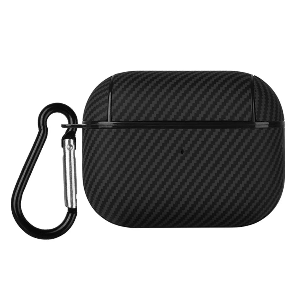 For Apple AirPods Pro Protective Cover Carbon Fiber Texture Earbuds PU Leather PC Hard Case with Hook - Black - 1