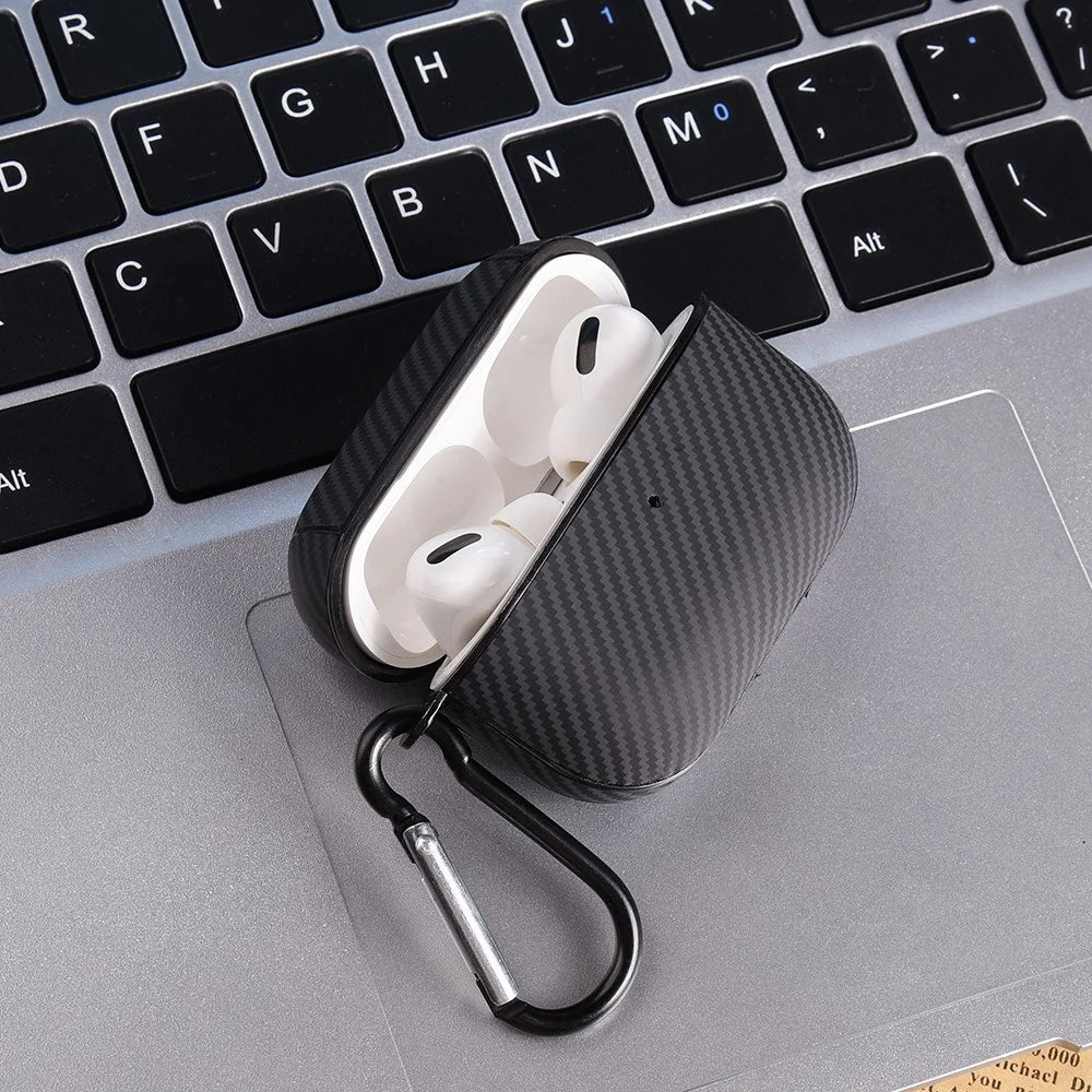 For Apple AirPods Pro Protective Cover Carbon Fiber Texture Earbuds PU Leather PC Hard Case with Hook - Black - 5