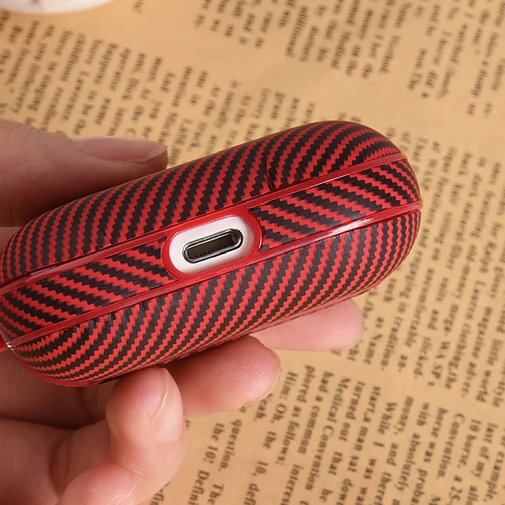 For AirPods Pro 2 Protective Cover Carbon Fiber Texture Earbuds PU Leather PC Hard Case with Hook - Black - 4