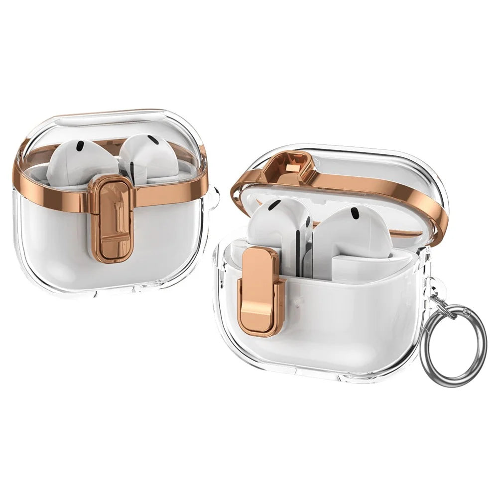 Transparent Case for Samsung Galaxy Buds3 / Buds3 Pro Electroplated TPU + PC Earbuds Protector with Lock Buckle - Rose Gold - 1