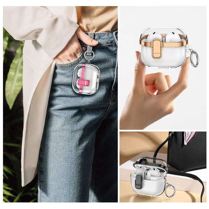 Transparent Case for Samsung Galaxy Buds3 / Buds3 Pro Electroplated TPU + PC Earbuds Protector with Lock Buckle - Rose Gold - 5