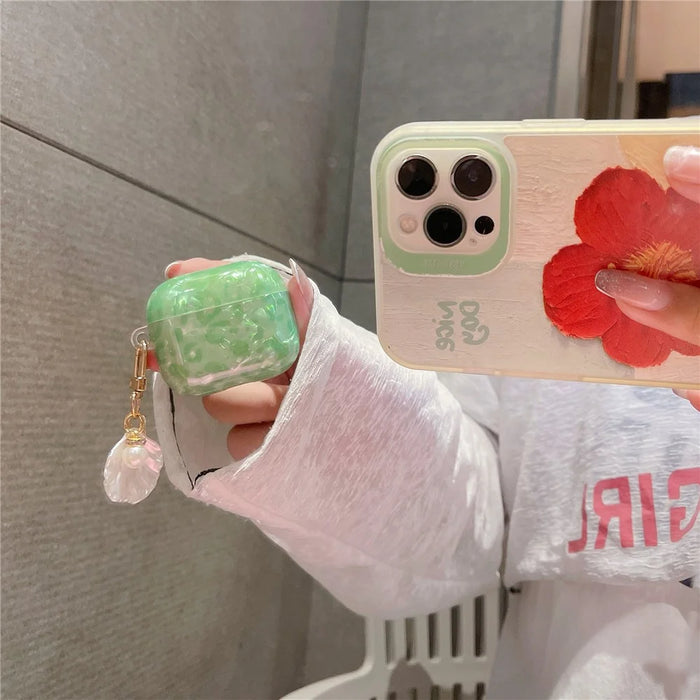 For AirPods 4 Earphone Case Shell Pattern TPU Cover with Shell Pendant - Green - 5