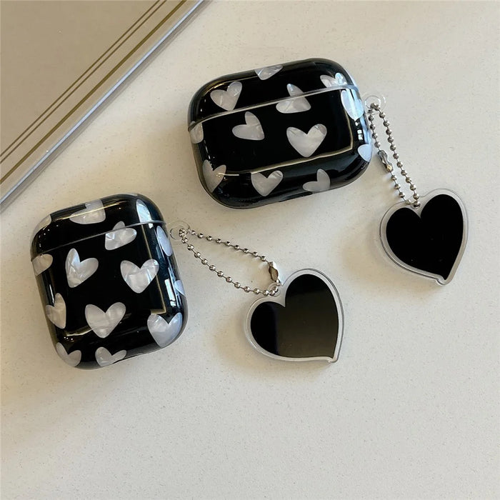 For AirPods 4 Earphone Case Shell Pattern Heart TPU Cover with Heart Pendant - Black - 2