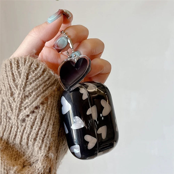 For AirPods 4 Earphone Case Shell Pattern Heart TPU Cover with Heart Pendant - Black - 4